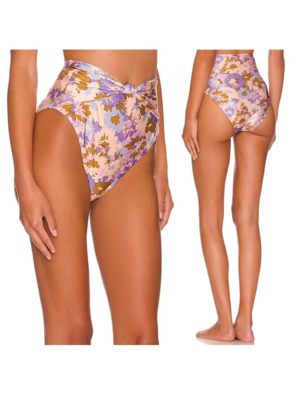 Zimmermann High Waisted Floral Knot Bikini Bottoms - Olive, Pink, Lilac - Picture 7 of 13